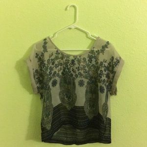 Blue and tan print blouse